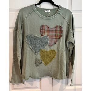 New Mittoshop Heart Patchwork long sleeve sage green sweater- Med